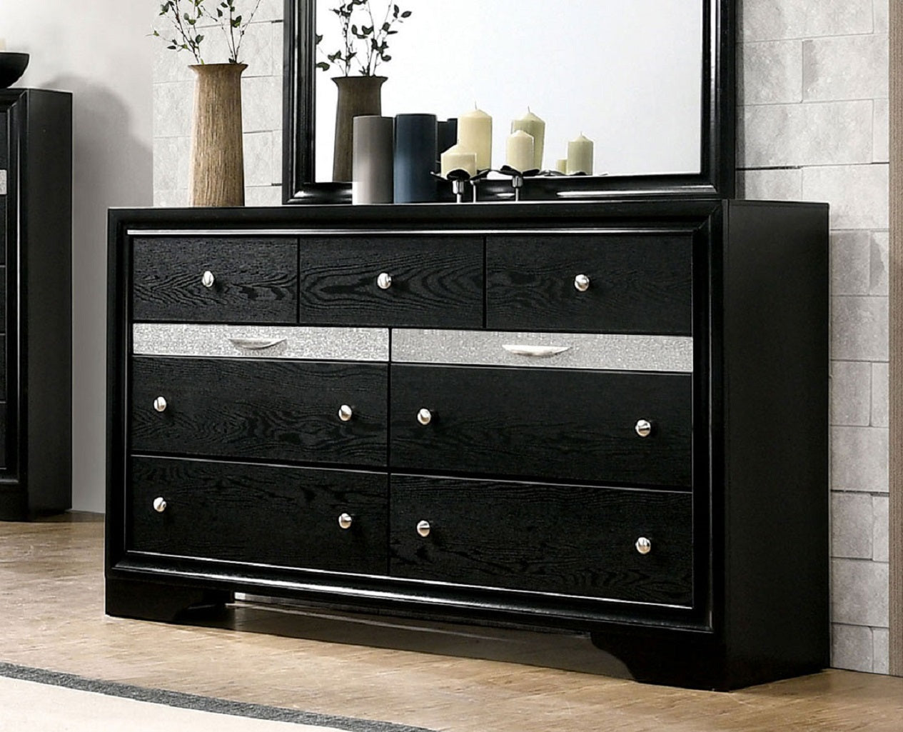 Black Color Dresser w Mirror Set Hidden Jewelry Drawer English Dovetail Silver Accents Round Knobs Bedroom Furniture