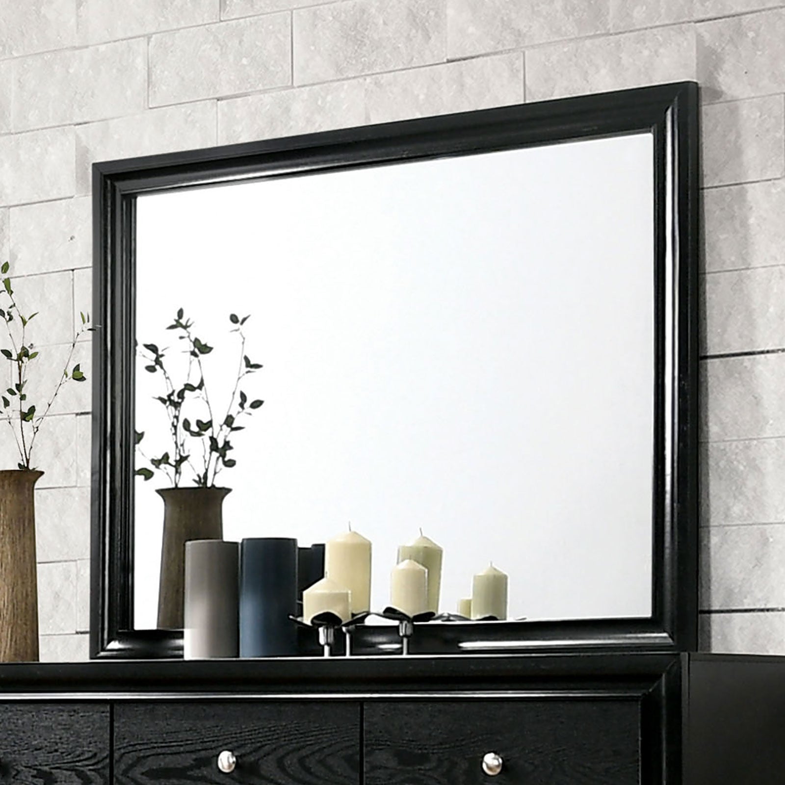 Black Color Dresser w Mirror Set Hidden Jewelry Drawer English Dovetail Silver Accents Round Knobs Bedroom Furniture