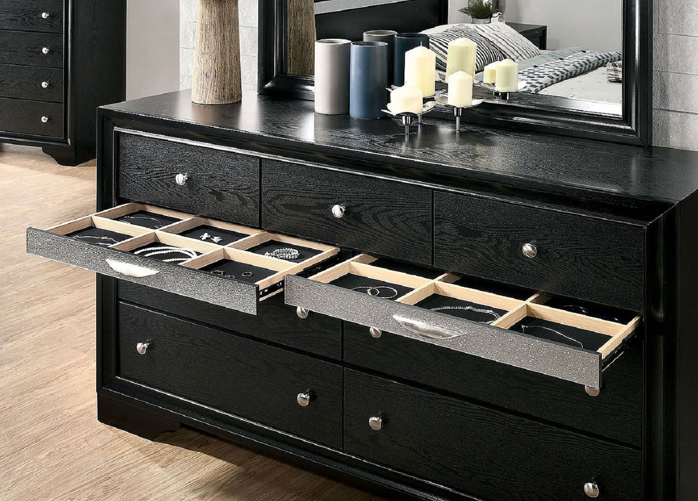 Black Color Dresser w Mirror Set Hidden Jewelry Drawer English Dovetail Silver Accents Round Knobs Bedroom Furniture