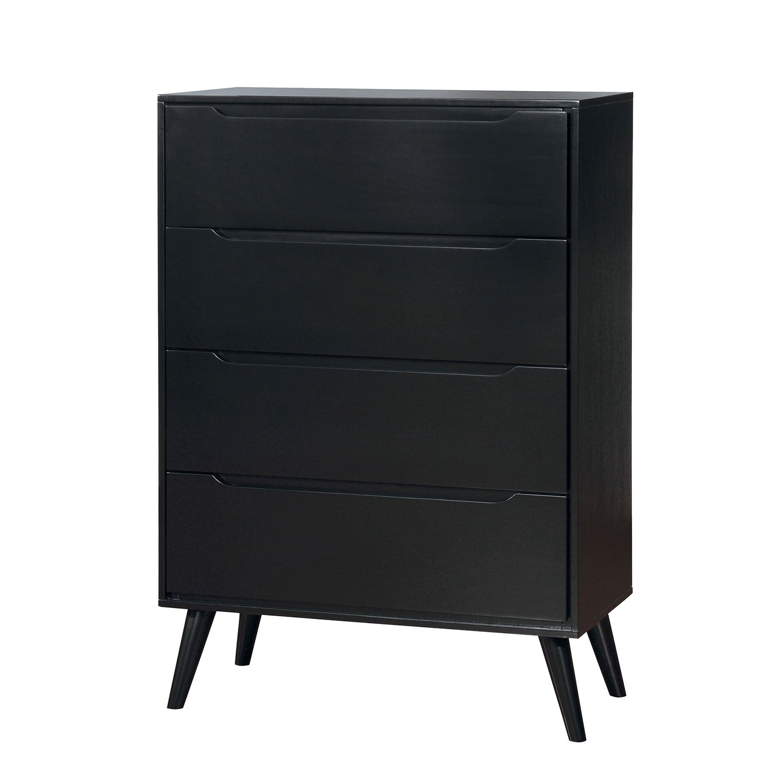 Black Finish Modern Mid-Century Chest 4-Drawers Recessed Handle Tapered Round Legs