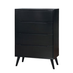 Black Finish Modern Mid-Century Chest 4-Drawers Recessed Handle Tapered Round Legs