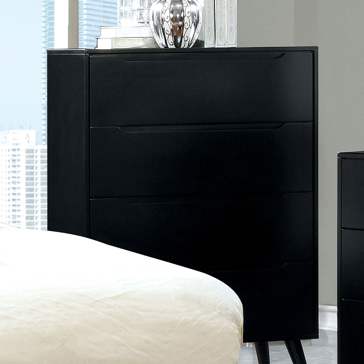 Black Finish Modern Mid-Century Chest 4-Drawers Recessed Handle Tapered Round Legs