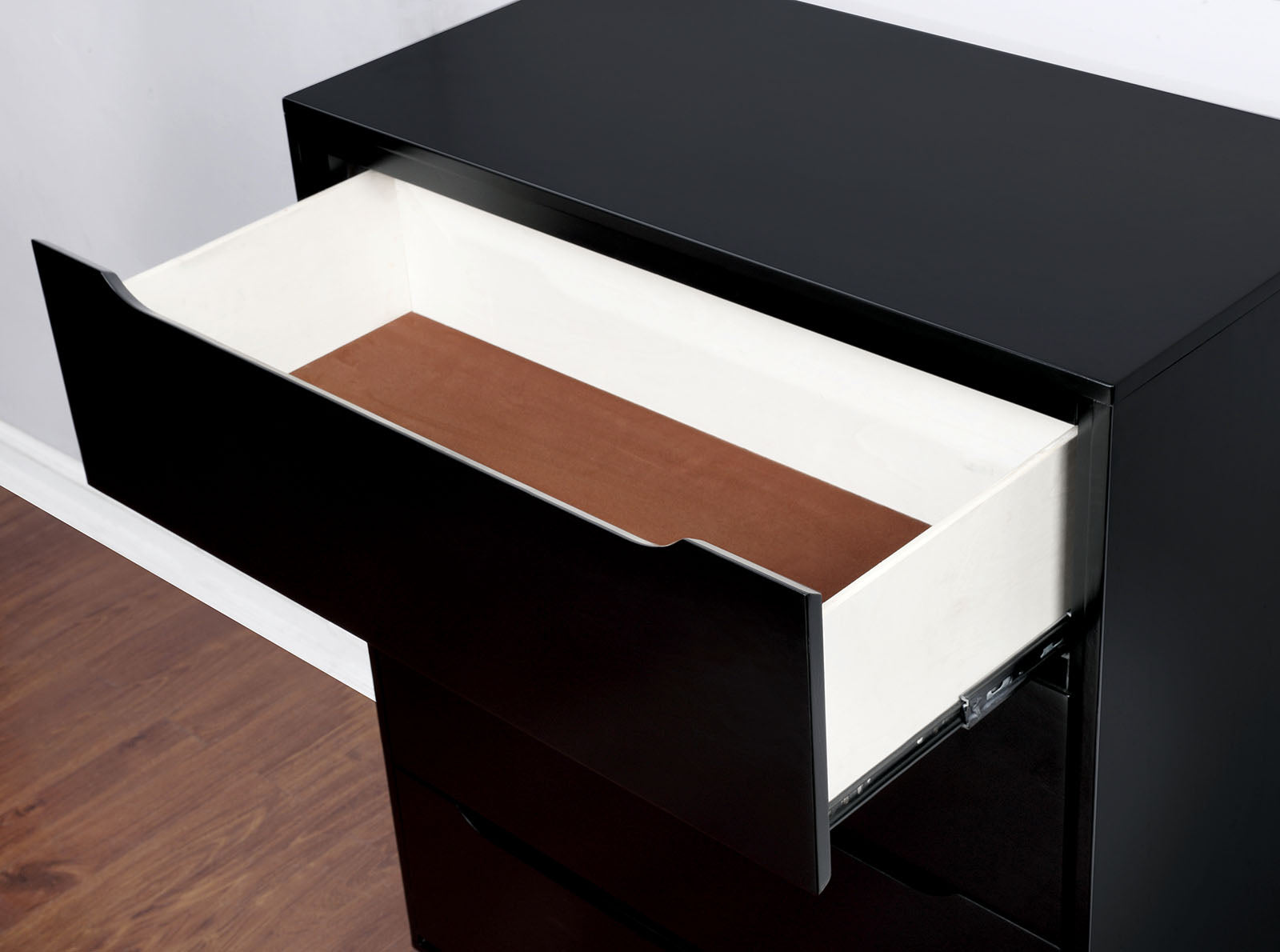Black Finish Modern Mid-Century Chest 4-Drawers Recessed Handle Tapered Round Legs