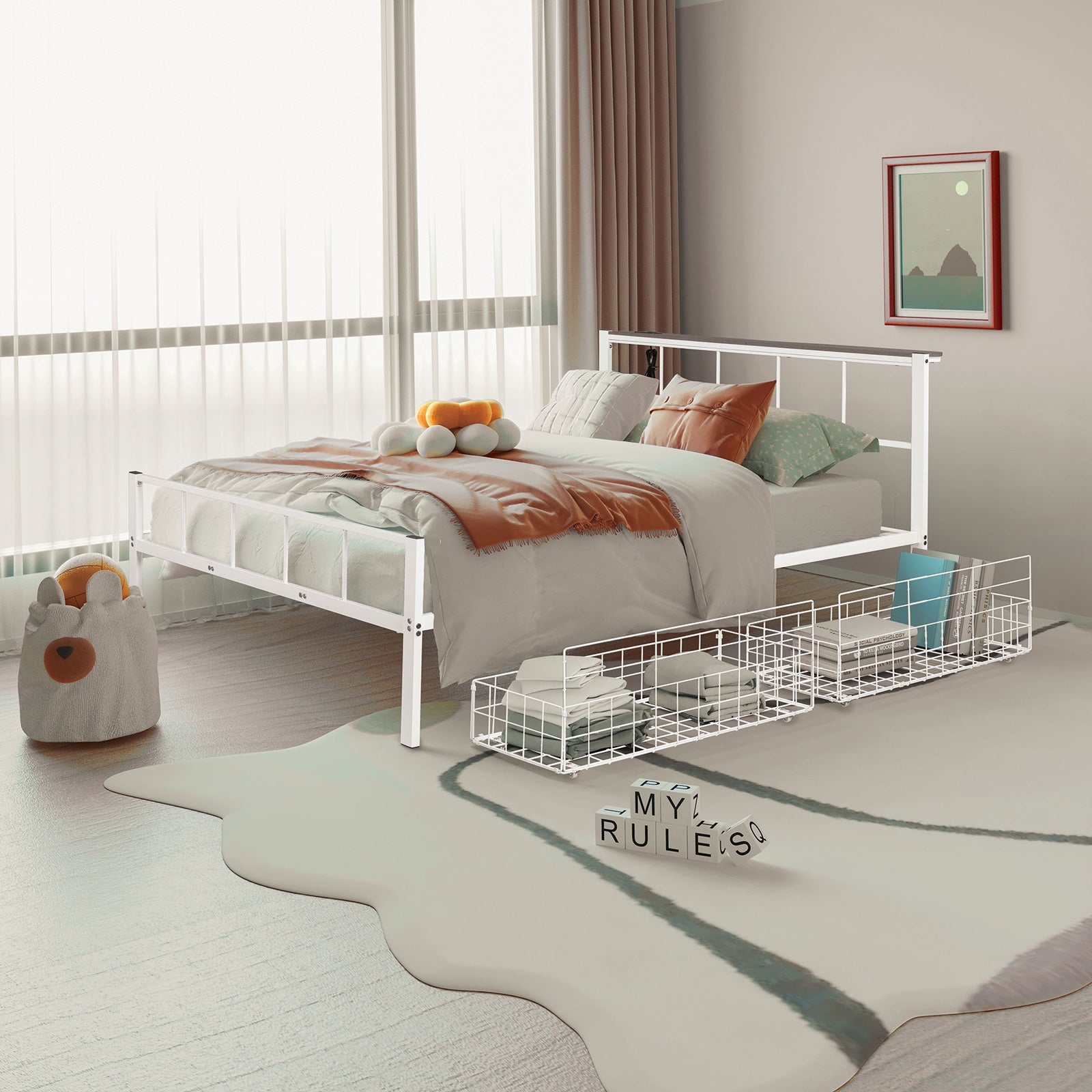 Contemporary Style Queen Size Metal Bed With Underbed Storage Mattress Ready USB Outlet On Head Board With Full Metal Structure White Finish