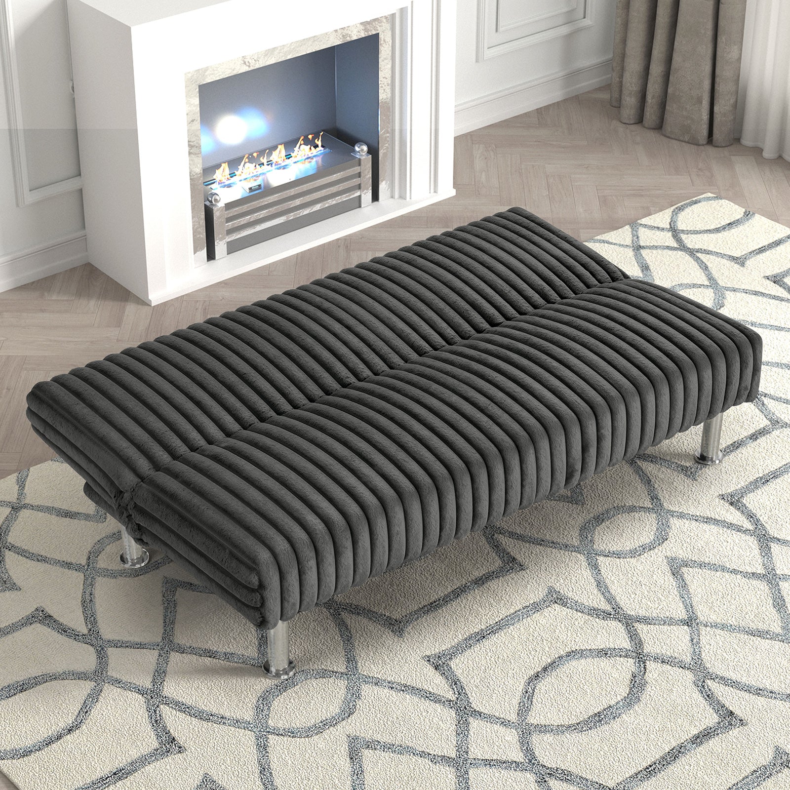 Charcoal Finish Contemporary Style Futon Sofa Easily Convert Into Bed With Extra Back Support Hidden Leg Chrome Color Base Legs