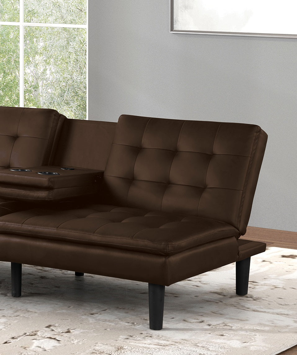 Futon Sofa Bed Contemporary Style Brown Finish Convert Into Bed Biscuit Tufting Seat And Back Seat Drop Down Table With Cup Holder USB Chargers