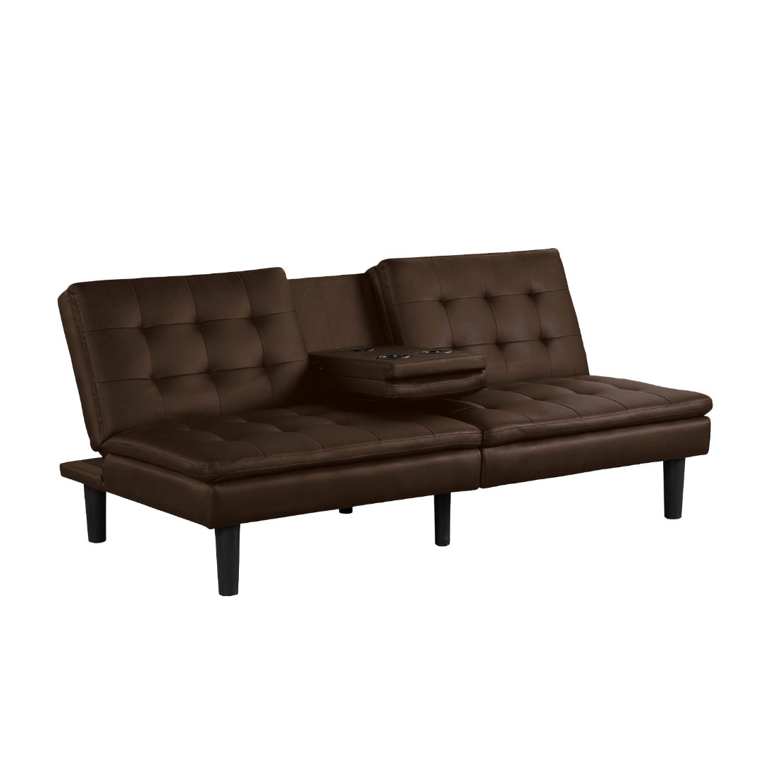 Futon Sofa Bed Contemporary Style Brown Finish Convert Into Bed Biscuit Tufting Seat And Back Seat Drop Down Table With Cup Holder USB Chargers