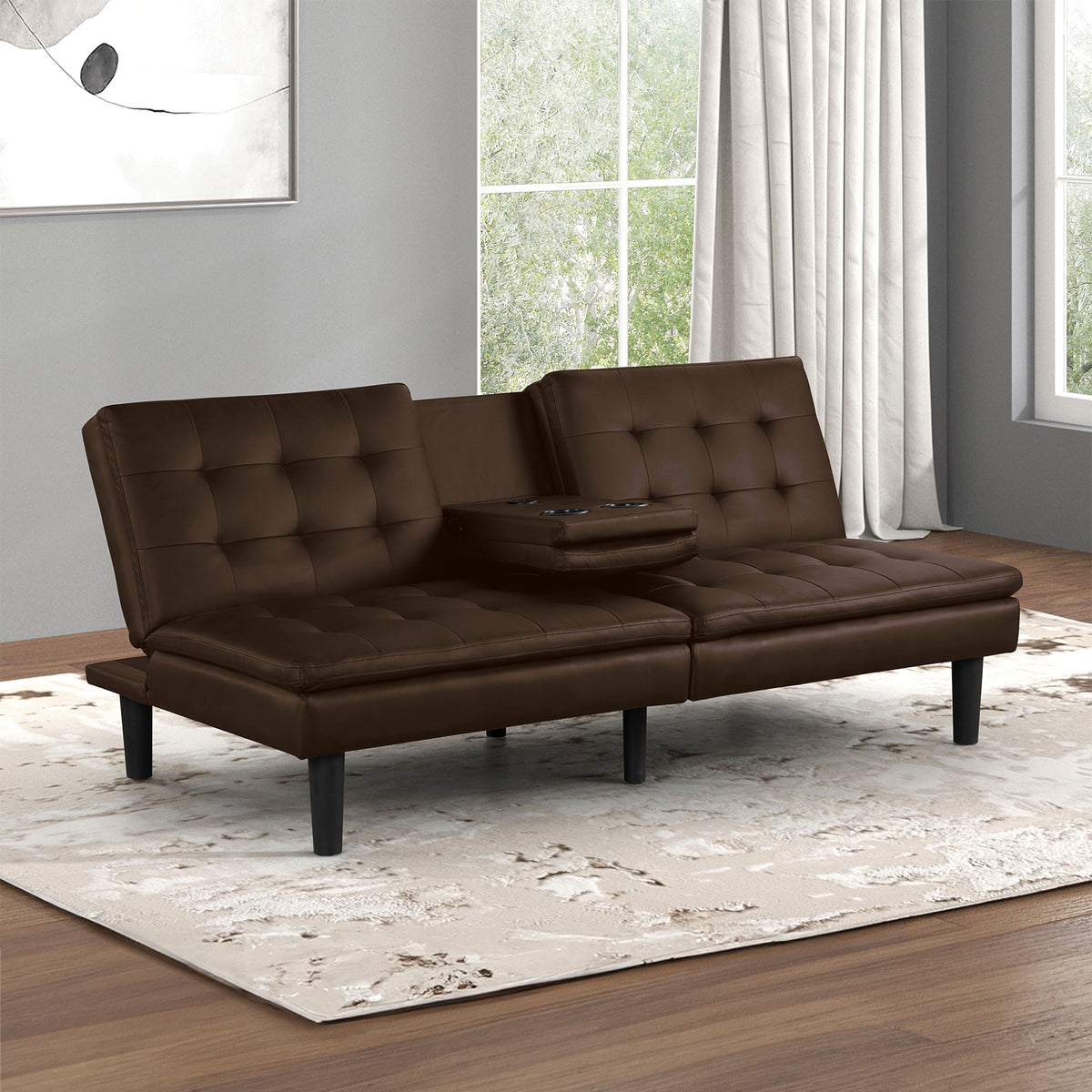 Futon Sofa Bed Contemporary Style Brown Finish Convert Into Bed Biscuit Tufting Seat And Back Seat Drop Down Table With Cup Holder USB Chargers