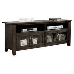 Transitional Style TV Console Base With Dual Cabinet And Two Open Shelves 3mm Tempered Glass On Cabinet Doors Rear Wearing Access Gray Finish