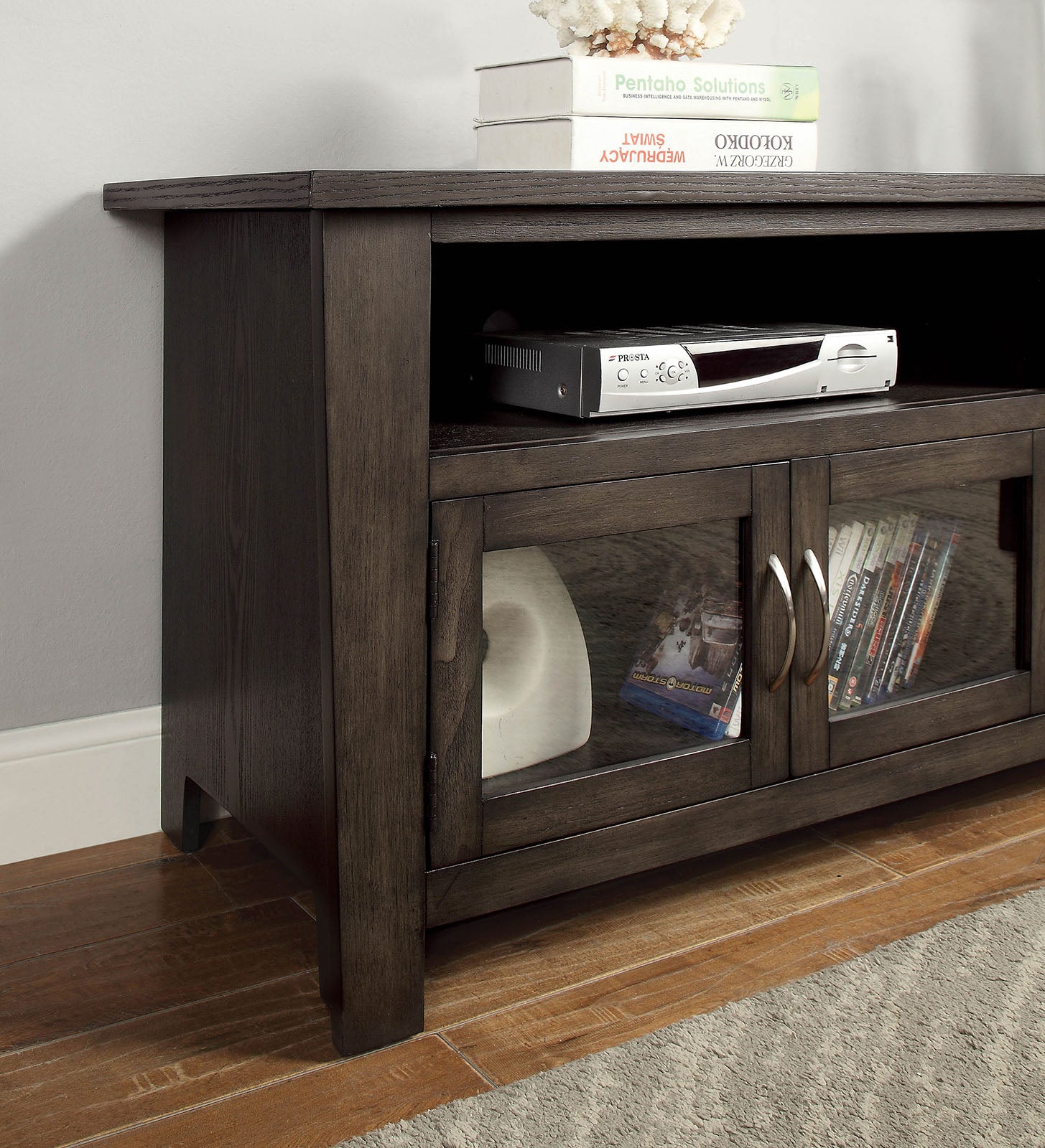 Transitional Style TV Console Base With Dual Cabinet And Two Open Shelves 3mm Tempered Glass On Cabinet Doors Rear Wearing Access Gray Finish