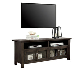 Transitional Style TV Console Base With Dual Cabinet And Two Open Shelves 3mm Tempered Glass On Cabinet Doors Rear Wearing Access Gray Finish