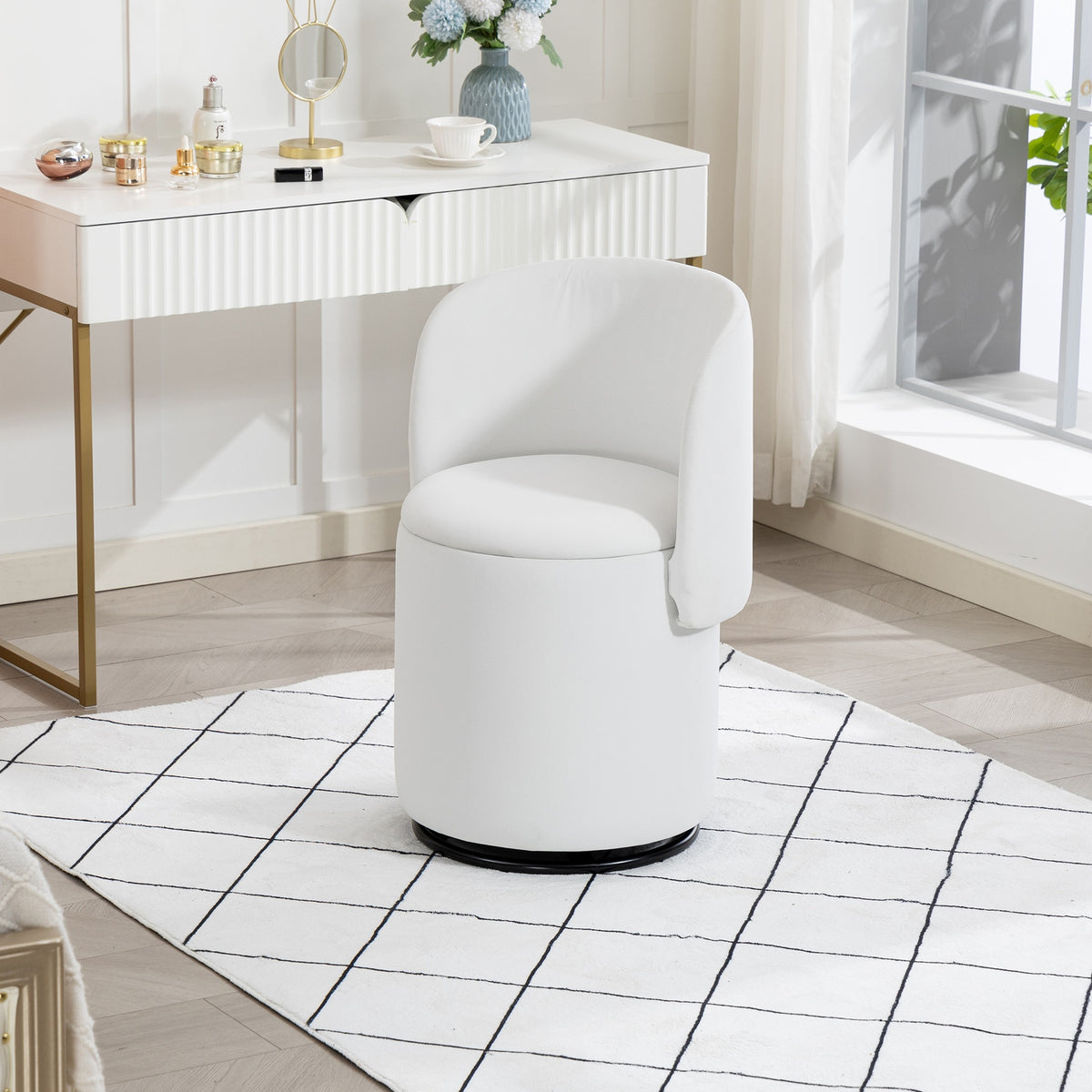 Stylish Upholstered Barrel Chair: 360° Swivel Vanity Stool for Bedroom & Dining Chair, Built-in Storage, Soft Padded Accent Seat, Multi-Functional for Dressing/Dining, Free Cat Bed Stool Included,