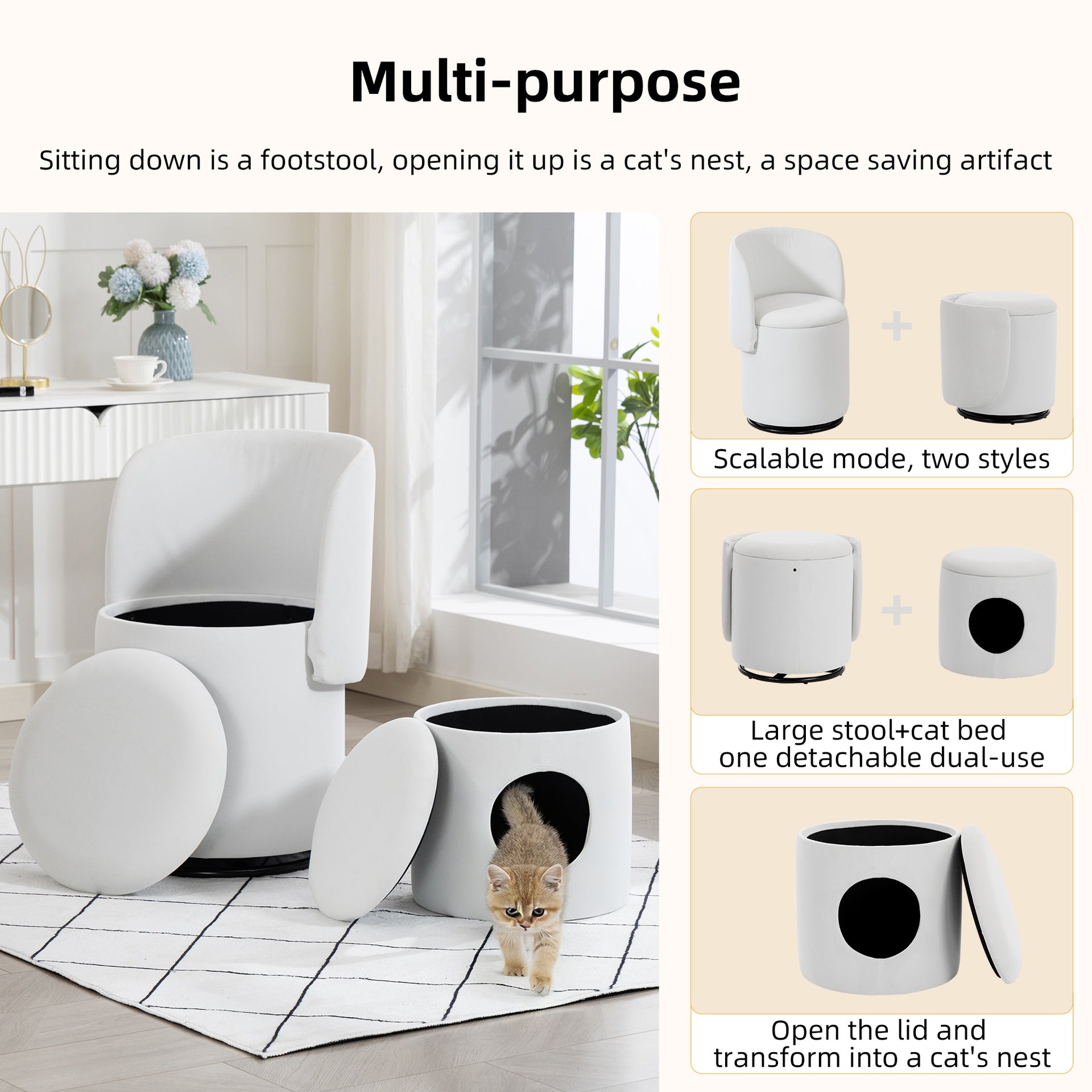 Stylish Upholstered Barrel Chair: 360° Swivel Vanity Stool for Bedroom & Dining Chair, Built-in Storage, Soft Padded Accent Seat, Multi-Functional for Dressing/Dining, Free Cat Bed Stool Included,
