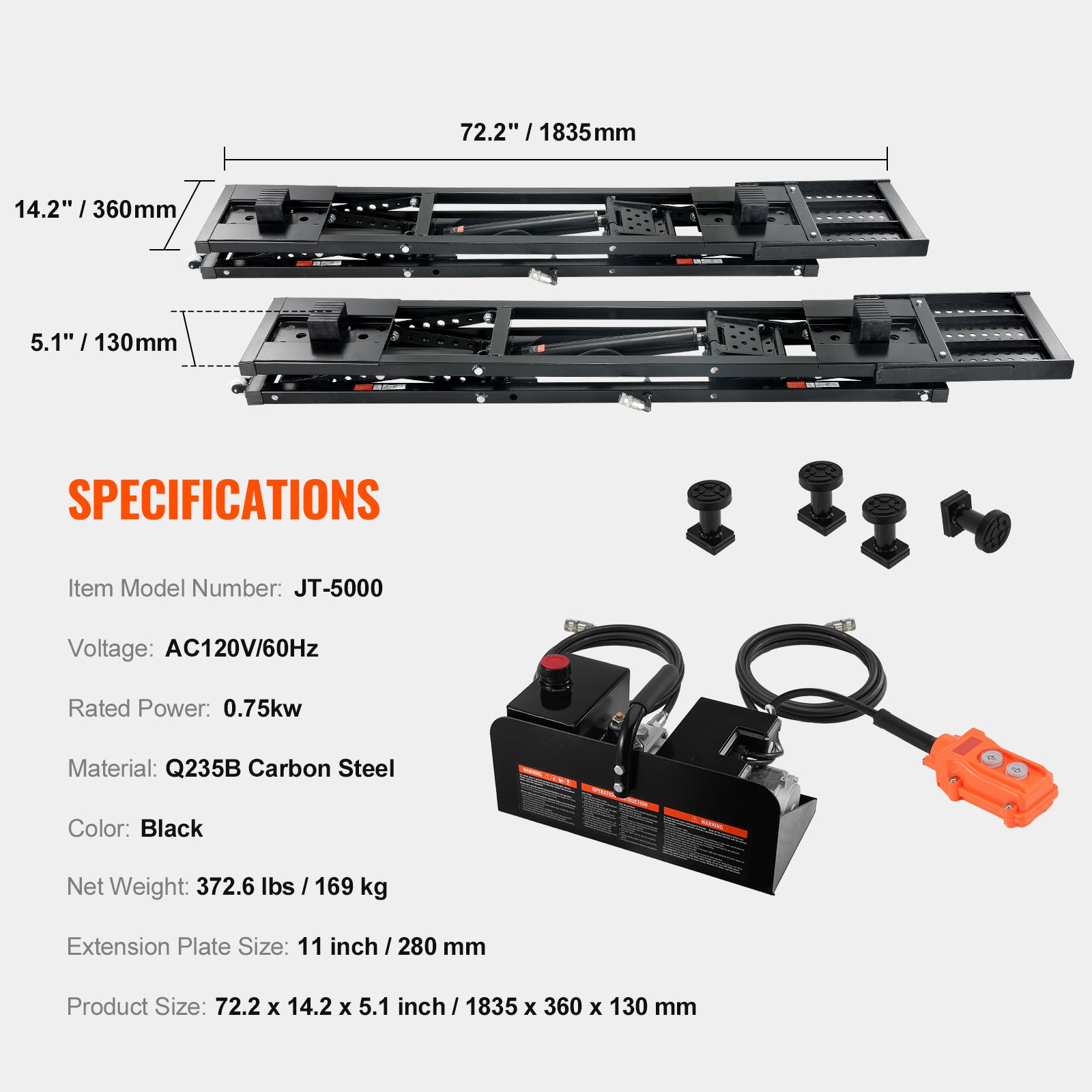 Car Lift, 25.6" Max. Height, 5,000 LBS Capacity Portable Car Lift, with Extended-Length Plates, Heavy-duty Carbon Steel Truck Lift with 120V Power Unit, Auto Car Jack Lifts for Home Garage Shop