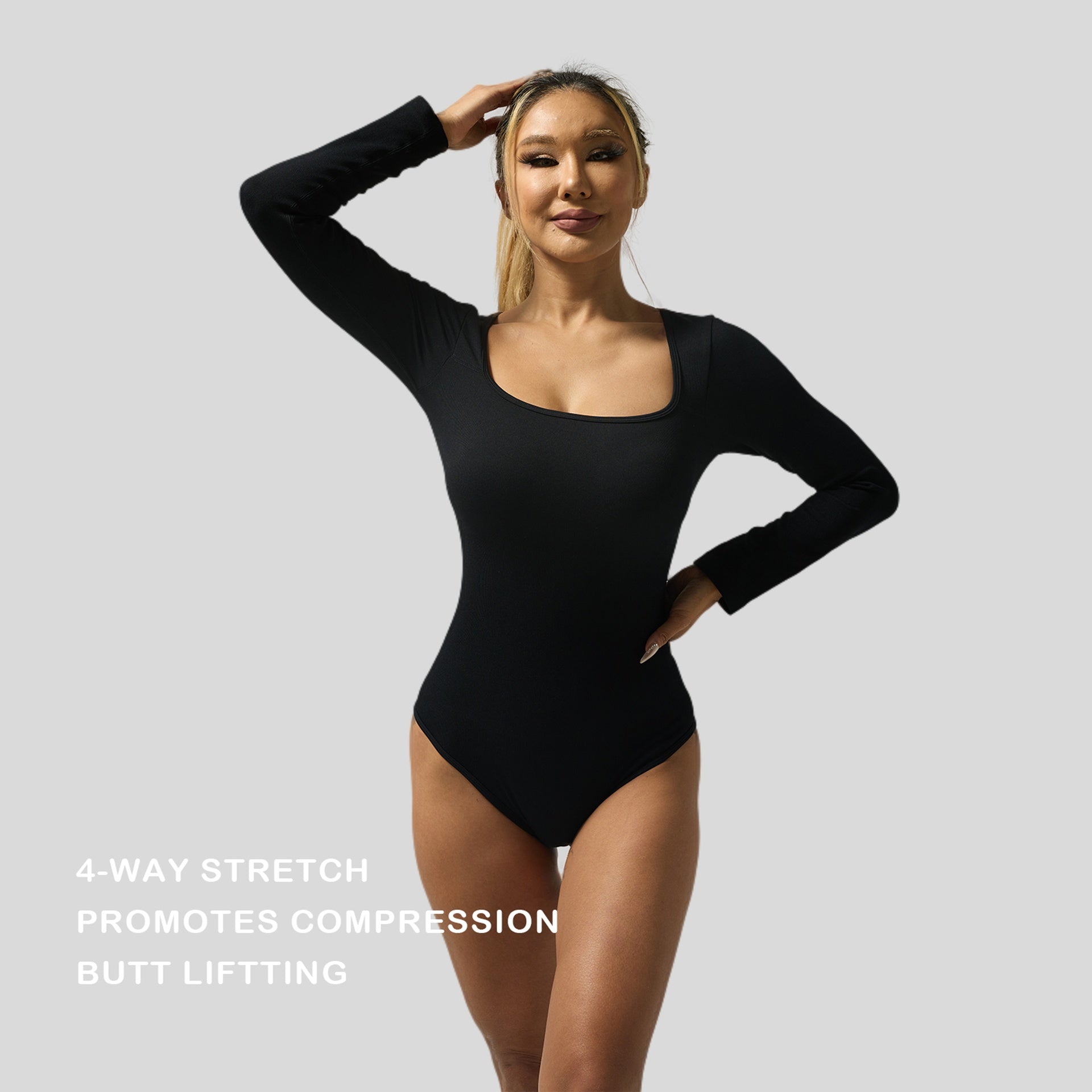 XL Size Black Women's Long Sleeve Triangle Bodysuit Slim Top Comfortable Square Neck Casual Original Overall Spandex Crewneck Minimalist Skinny