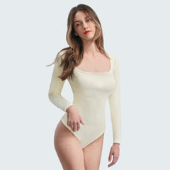 L Size White Women's Long Sleeve Triangle Bodysuit Slim Top Comfortable Square Neck Casual Original Overall Spandex Crewneck Minimalist Skinny