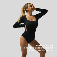 L Size Black Women's Long Sleeve Triangle Bodysuit Slim Top Comfortable Square Neck Casual Original Overall Spandex Crewneck Minimalist Skinny