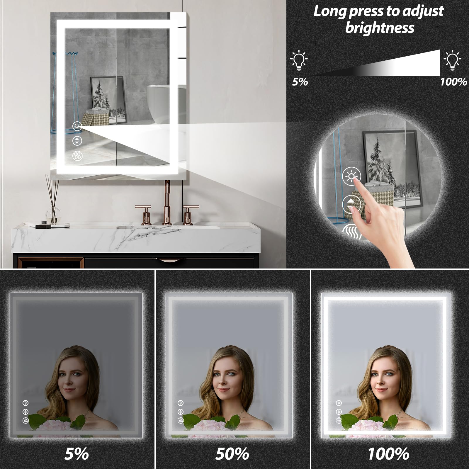 LED Bathroom Mirror 28 x 20 Inches with Front and Backlit,Anti-Fog,3 Colors and Dimmable Light,Tempered Glass