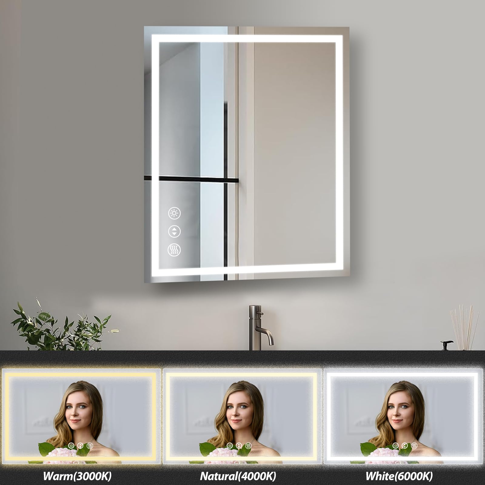 LED Bathroom Mirror 28 x 20 Inches with Front and Backlit,Anti-Fog,3 Colors and Dimmable Light,Tempered Glass