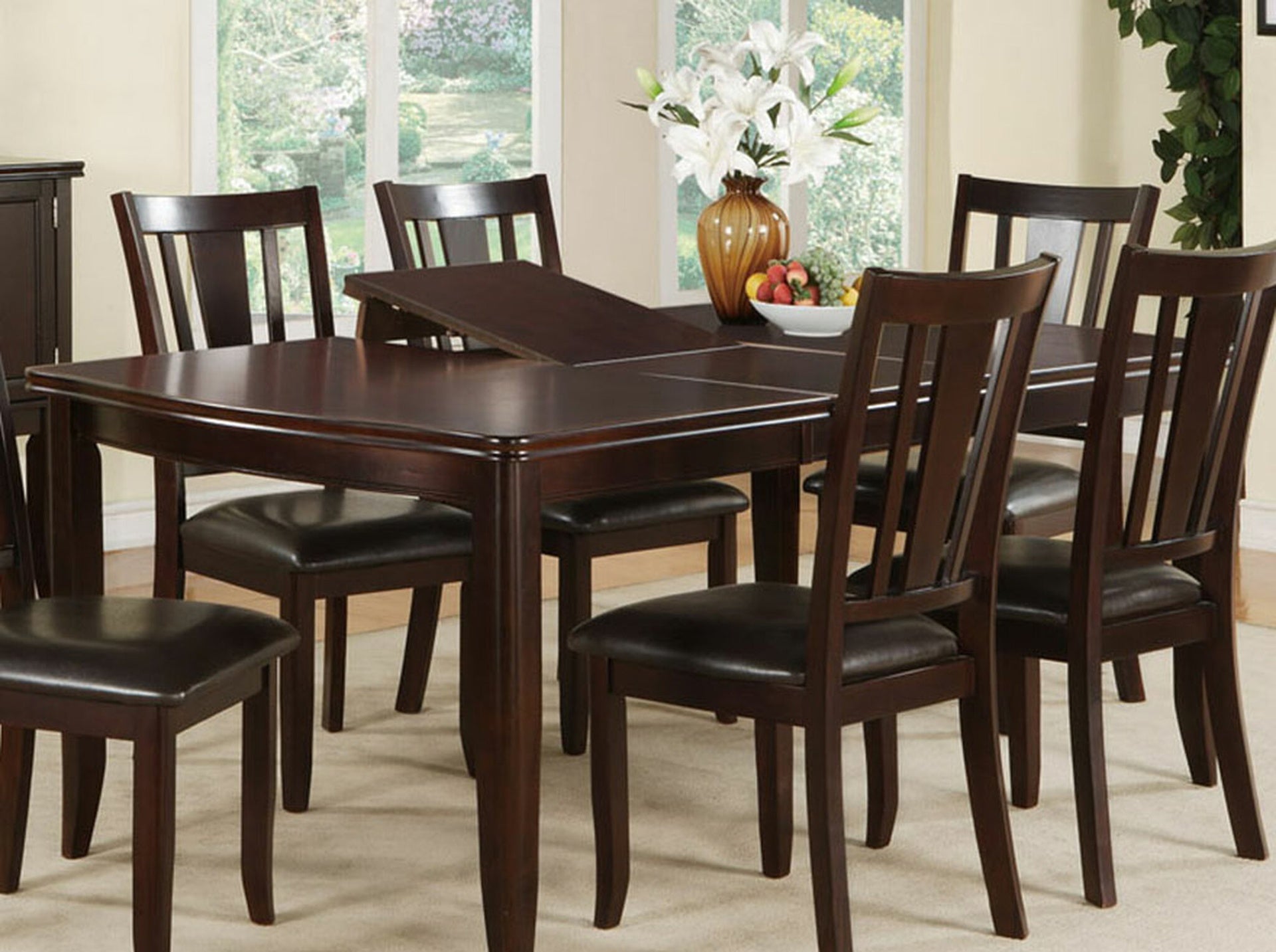 Modern Espresso Dining Table w Butterfly Leaf and 6x Side Chairs 7pc Dining Set Rubberwood Kitchen Dining Room Furniutre