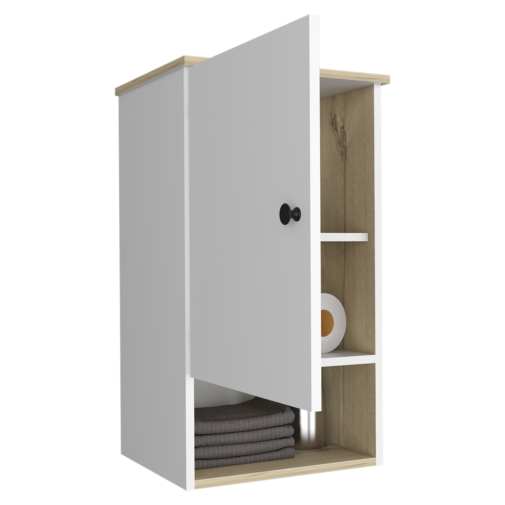 Medicine Single Door Cabinet 28" H, One Shelf, Two Interior Shelves, Light Oak / White