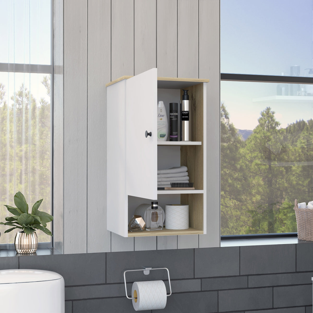 Medicine Single Door Cabinet 28" H, One Shelf, Two Interior Shelves, Light Oak / White