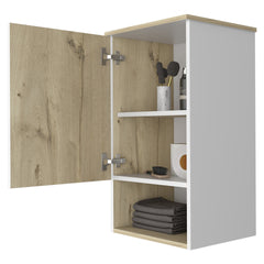 Medicine Single Door Cabinet 28" H, One Shelf, Two Interior Shelves, Light Oak / White