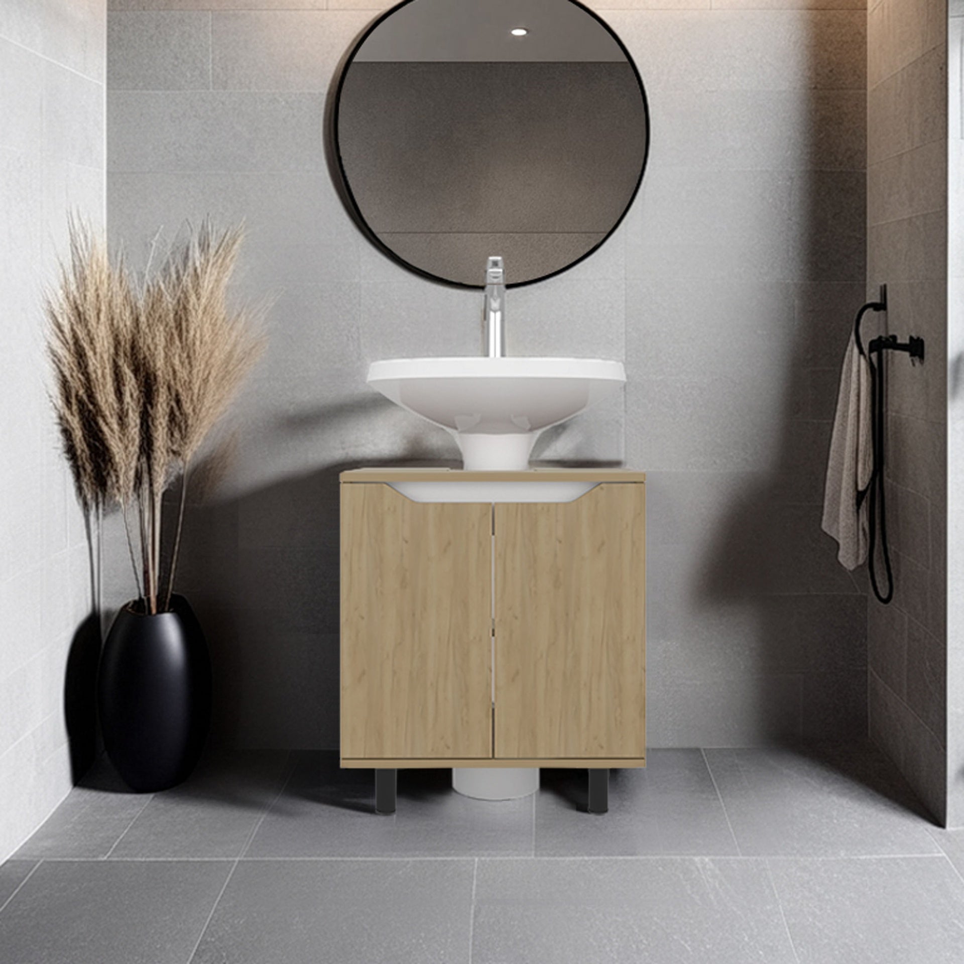 Under Sink Storage 24.8" H, 2 Doors, 2 Shelves, 4 Legs, Natural Oak - Bathroom