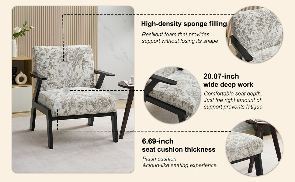Mid-Century Modern Lounge Armchair -Seat Cushion - for Living Room, Study(Beige+Grey)