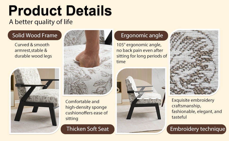 Mid-Century Modern Lounge Armchair -Seat Cushion - for Living Room, Study(Beige+Grey)