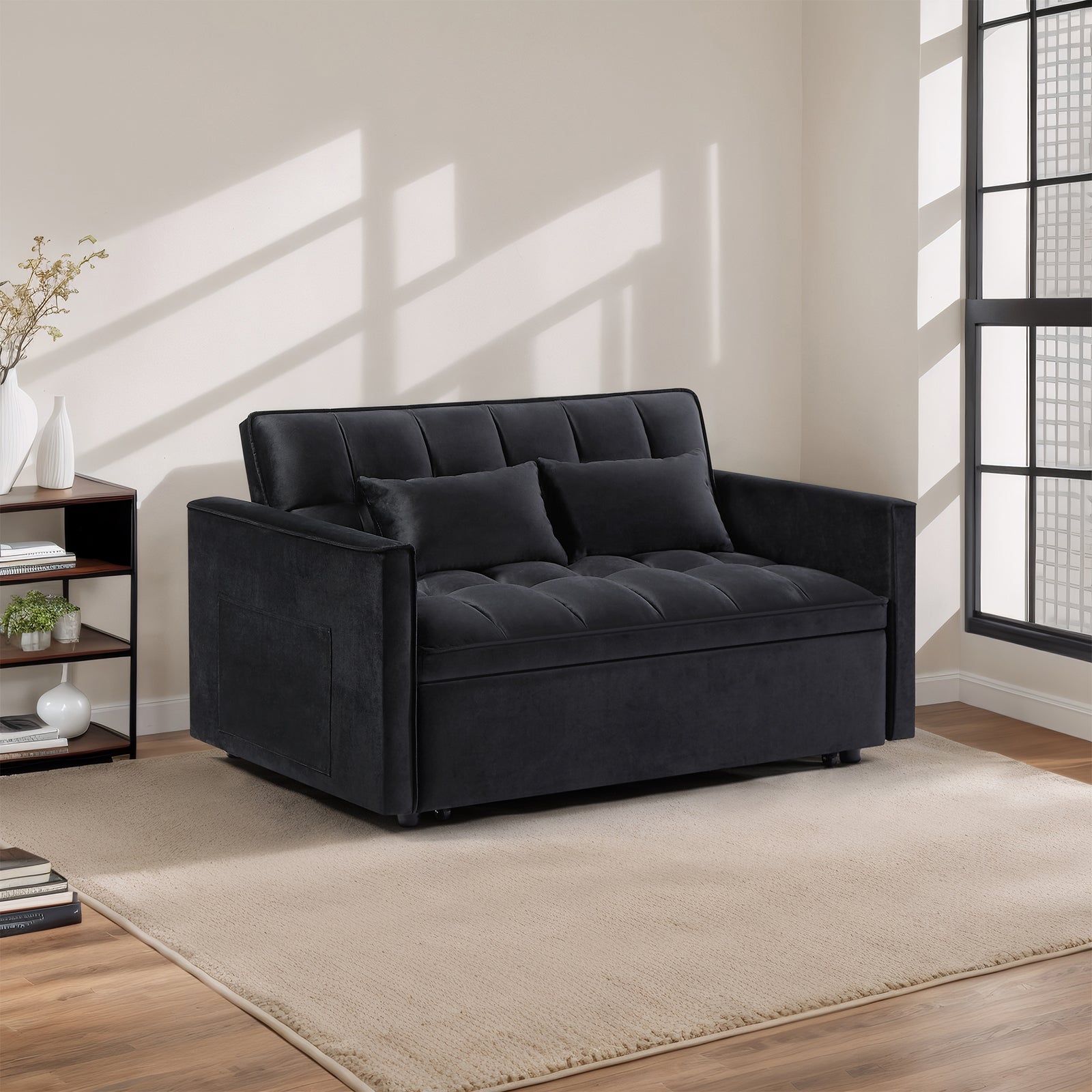 Modern 2-Seater Sofa, 54" Pull-Out Sleeper Sofa Bed for Living Room, Black
