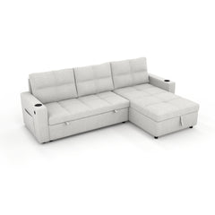 Convertible Fabric Sofa Bed, Pullout Sectional Sleeper Sofa Couches with USB Charging & Cup Holders, L-Shape Sleeper with Storage For Living Room (Beige)