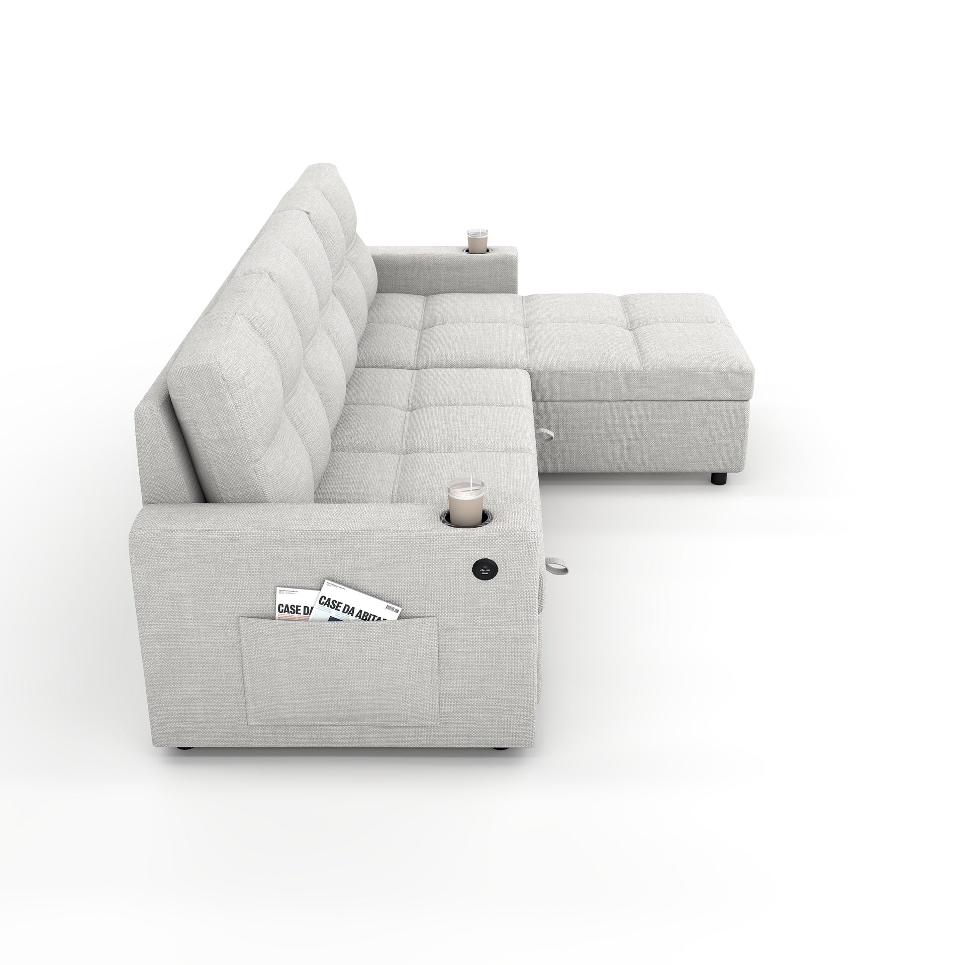 Convertible Fabric Sofa Bed, Pullout Sectional Sleeper Sofa Couches with USB Charging & Cup Holders, L-Shape Sleeper with Storage For Living Room (Beige)