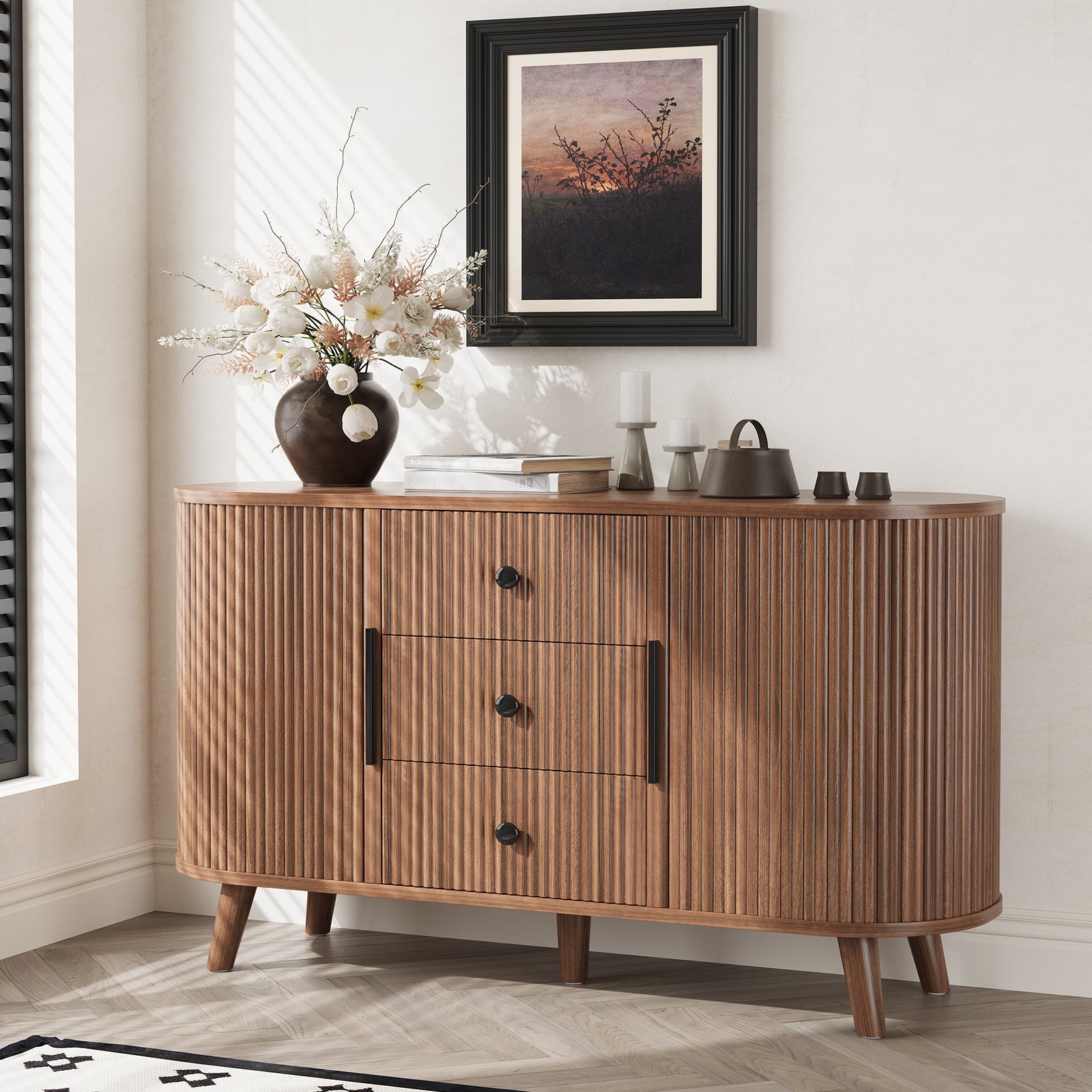 Sideboard Buffet Cabinet with 2 Sliding Tambour Doors and 3 Drawers, Storage Cabinet with Adjustable Shelves for Living Room, Walnut
