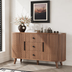 Sideboard Buffet Cabinet with 2 Sliding Tambour Doors and 3 Drawers, Storage Cabinet with Adjustable Shelves for Living Room, Walnut