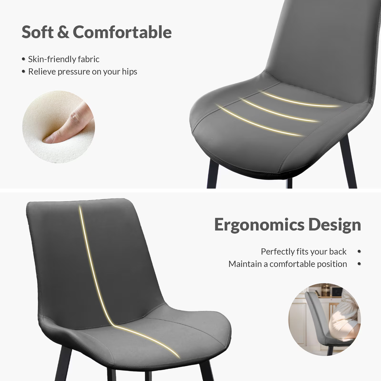 Grey PU Leather Dining Chair with Metal Legs, Modern Upholstered Chair Set of 2 for Kitchen, Restaurant, Living, Meeting Room