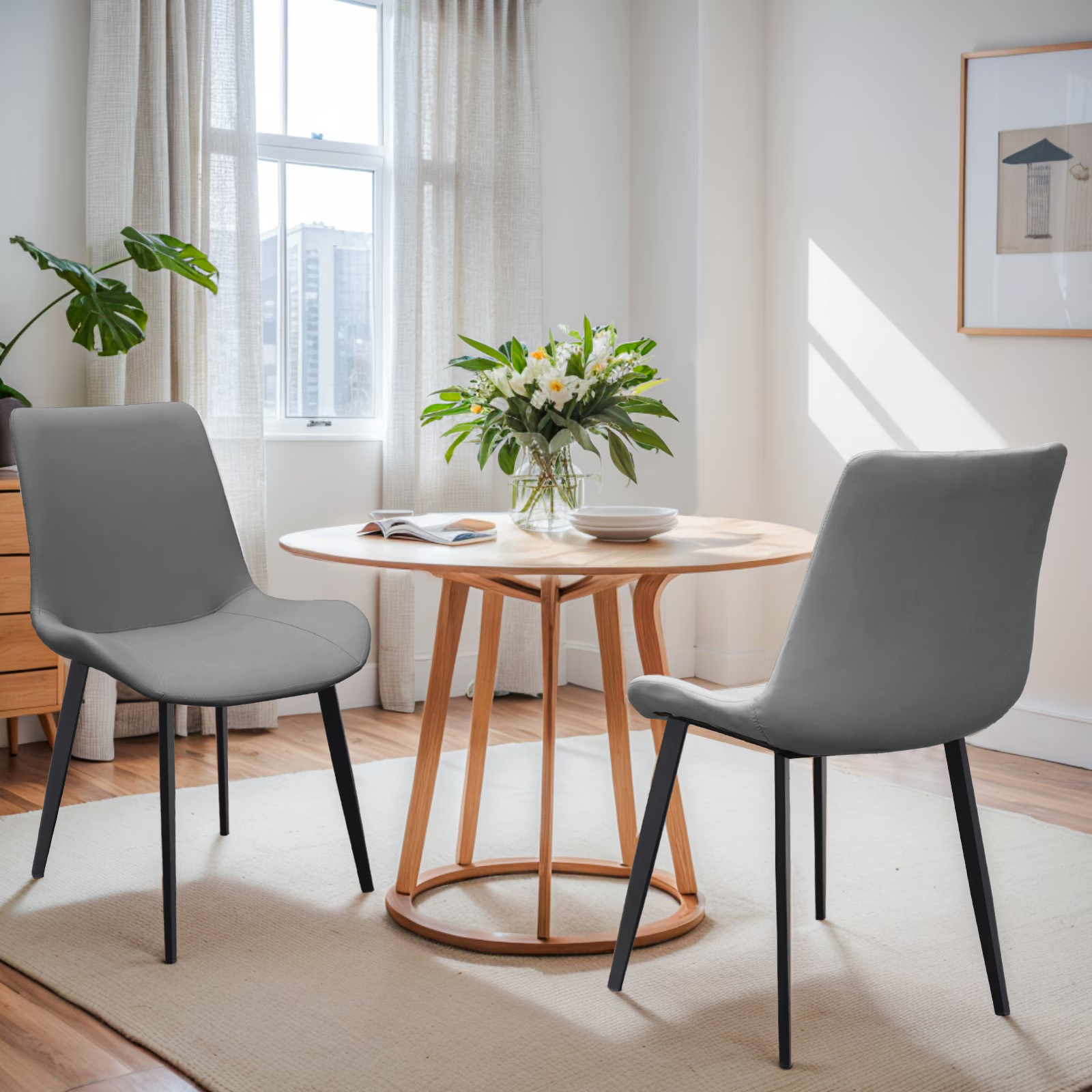 Grey PU Leather Dining Chair with Metal Legs, Modern Upholstered Chair Set of 2 for Kitchen, Restaurant, Living, Meeting Room