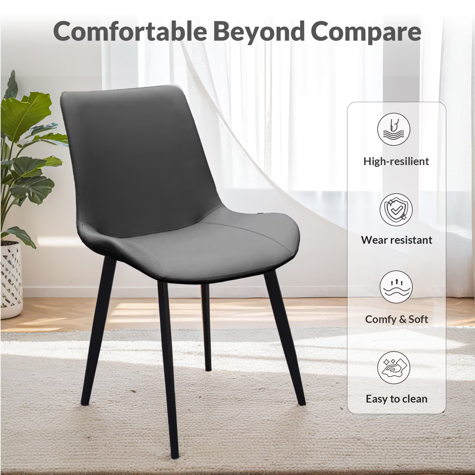 Grey PU Leather Dining Chair with Metal Legs, Modern Upholstered Chair Set of 2 for Kitchen, Restaurant, Living, Meeting Room