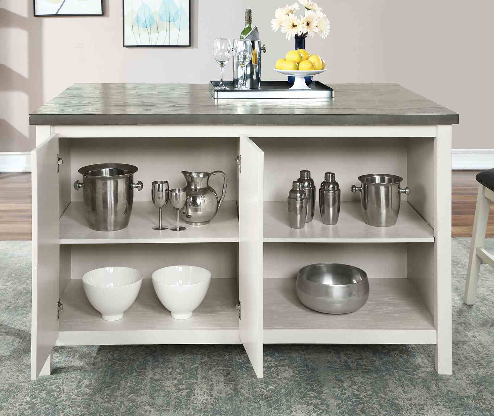 Off White And Dark Gray Counter Height Dining Table w Storage Cabinet Base Solidwood 1pc Table Dining Room Furniture