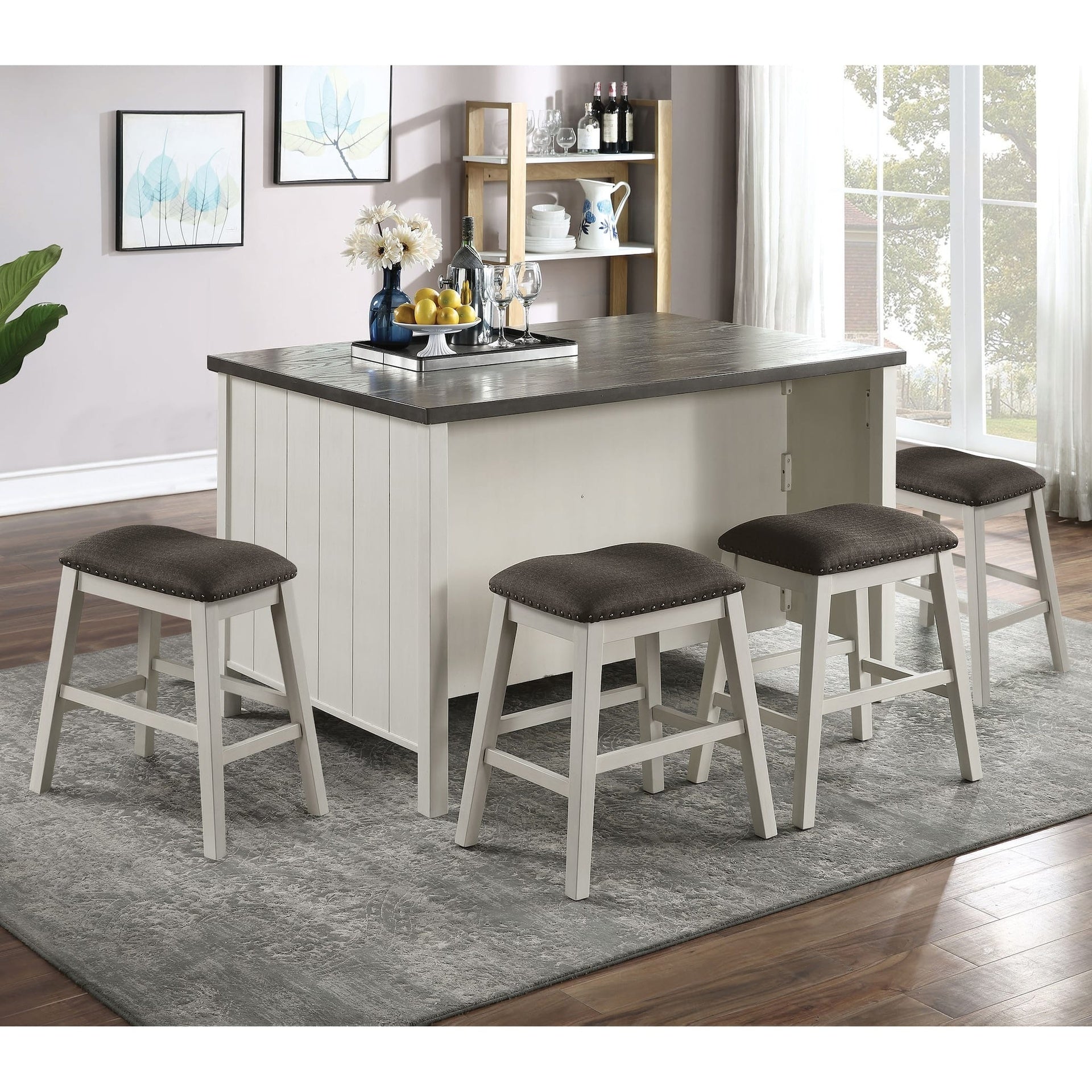 Transitional Style 5pc Counter Height Dining Set Off White Wooden Dining Table 4x Stools Storage Shelve Table Base Dining Room