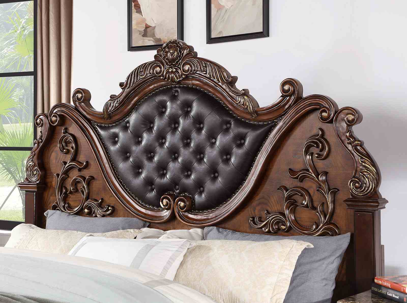 Luxurious Brown Cherry Traditional California King Size Bed Tufted Leatherette HB FB 1pc Bed Bedroom Furniture Wooden
