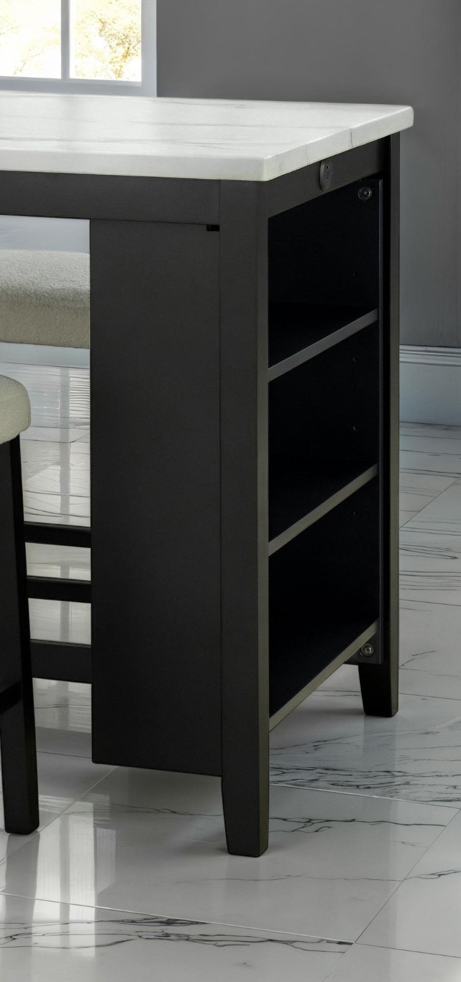 Dining Room Transitional 3pc Dining Set Gloss Table Top w Storage Shelves Side 2x Stools Black Ivory White