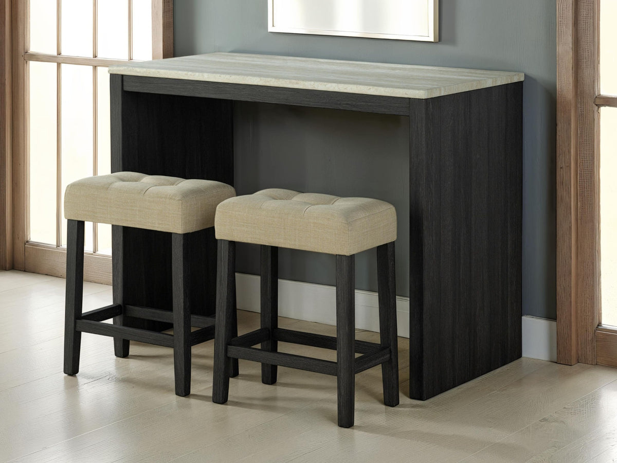 Two-Tone Design Transitional Black 3pc Dining Set Table 2x Stools Tufted Beige Seats Dining Room