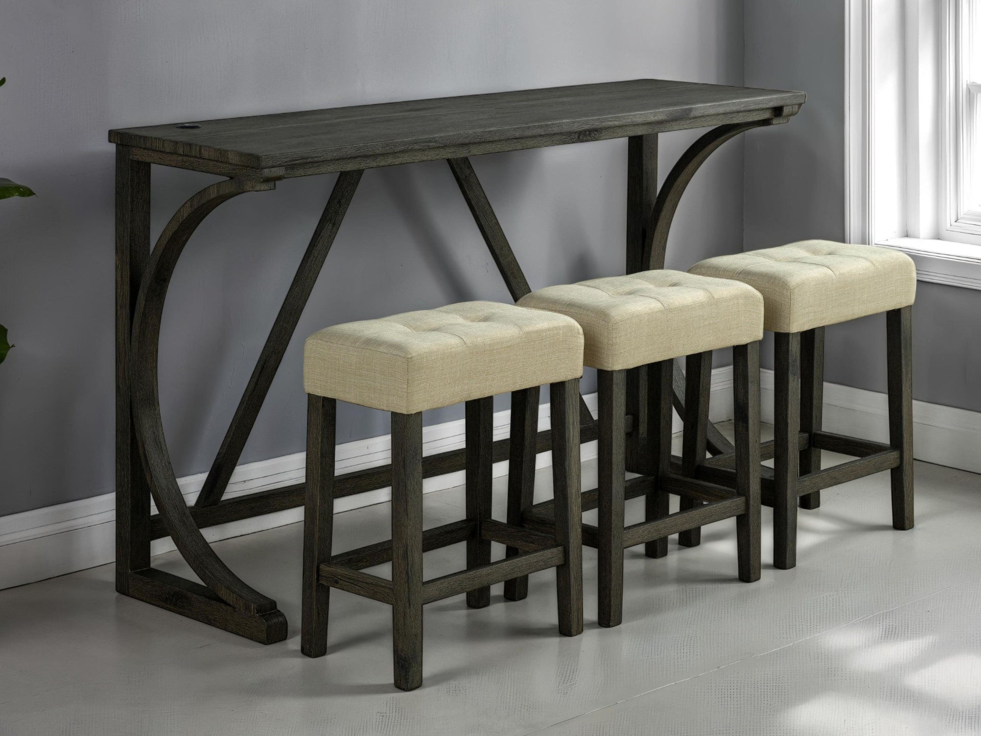 Brown Dining Room 4pc Set Functional Unique Dining Table w USB 3x Stools Tufted Beige Seats Kitchen