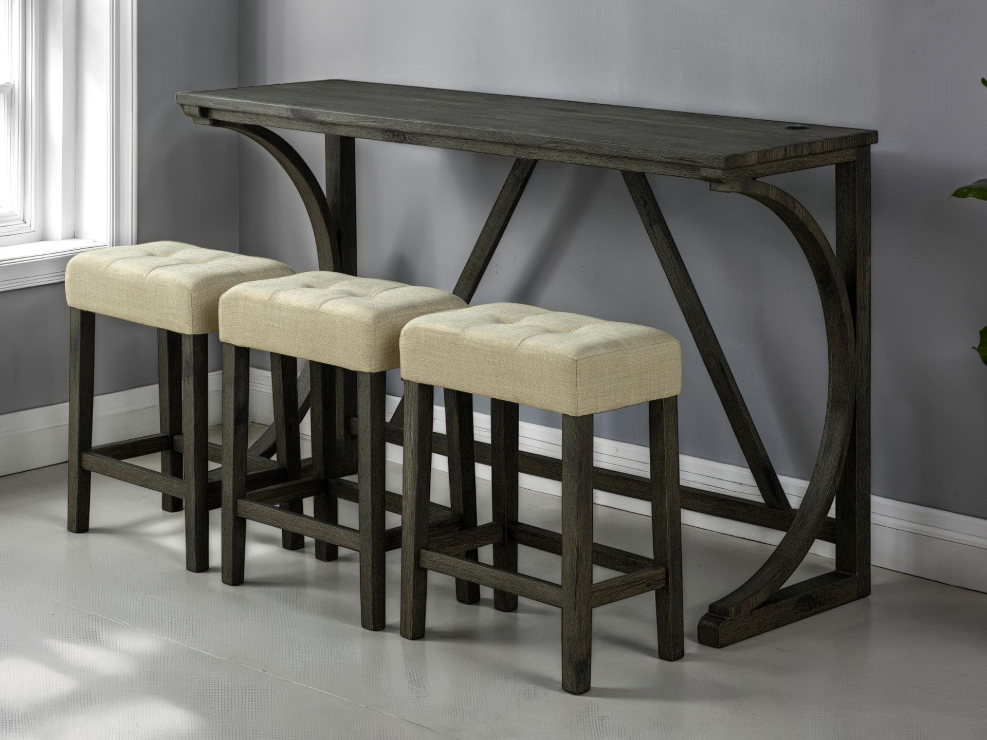 Brown Dining Room 4pc Set Functional Unique Dining Table w USB 3x Stools Tufted Beige Seats Kitchen