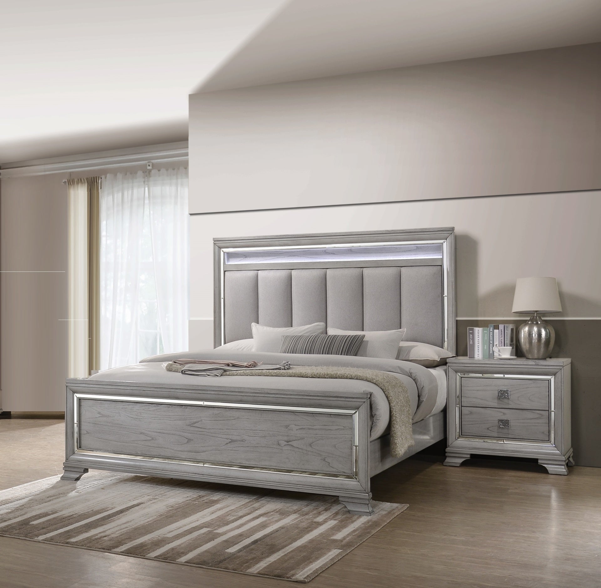 1pc Contemporary Light Grey Finish Two Drawers Bevel Mirror Accents Wooden Solid Wood Bedroom Furniture