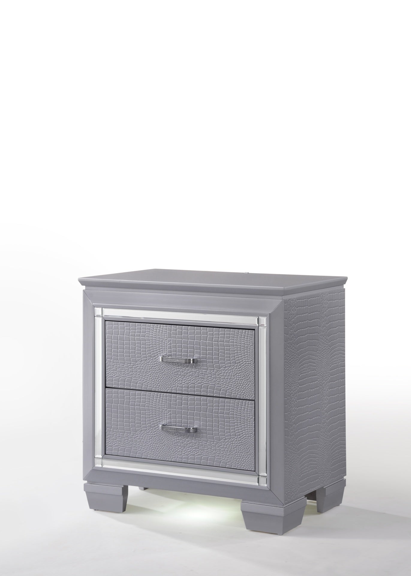 1pc Modern Two Drawer LED Lights Beveled Mirror Accents Chrome Finish Hardware Faux Crystal Accent Silver Finish