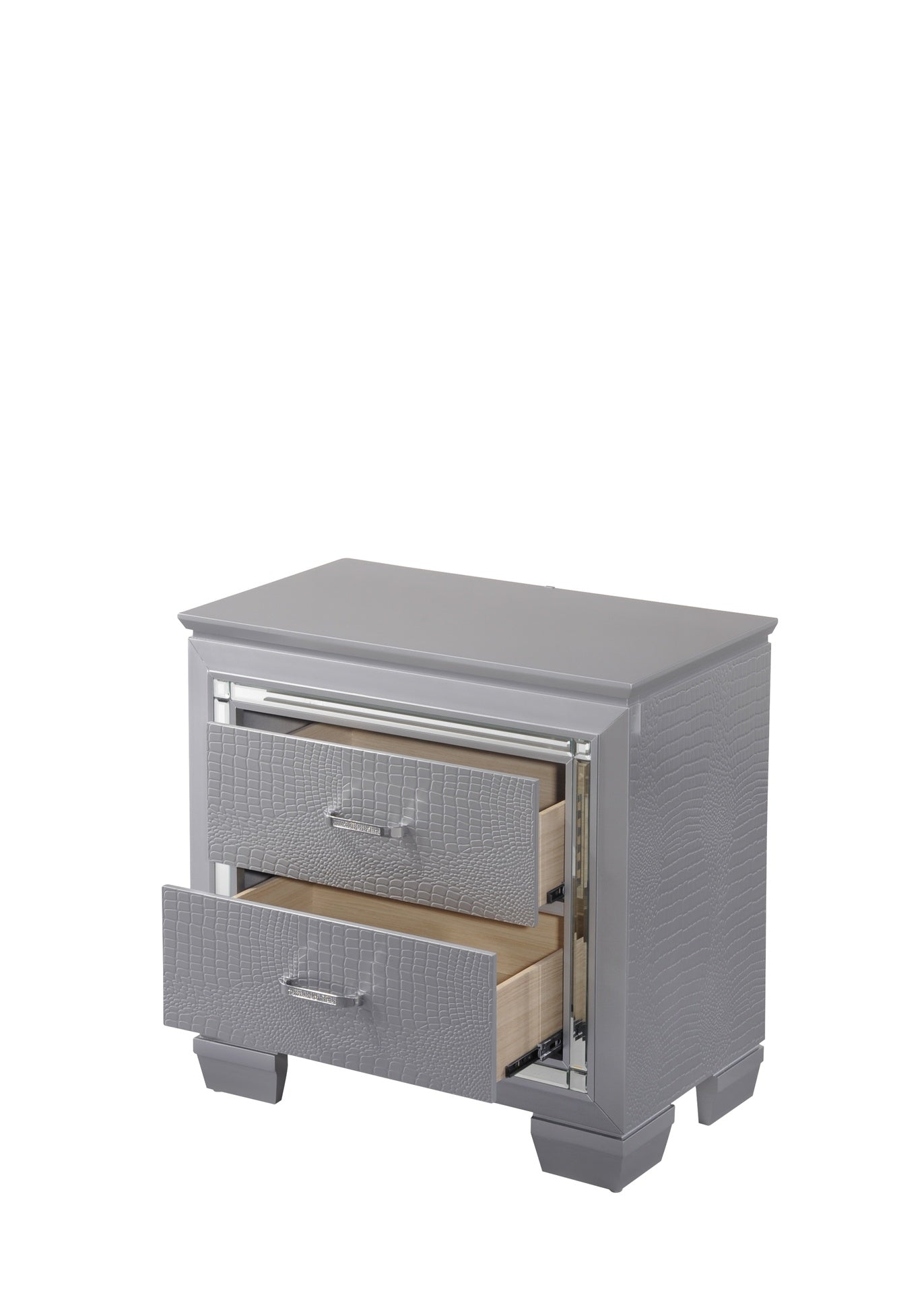 1pc Modern Two Drawer LED Lights Beveled Mirror Accents Chrome Finish Hardware Faux Crystal Accent Silver Finish