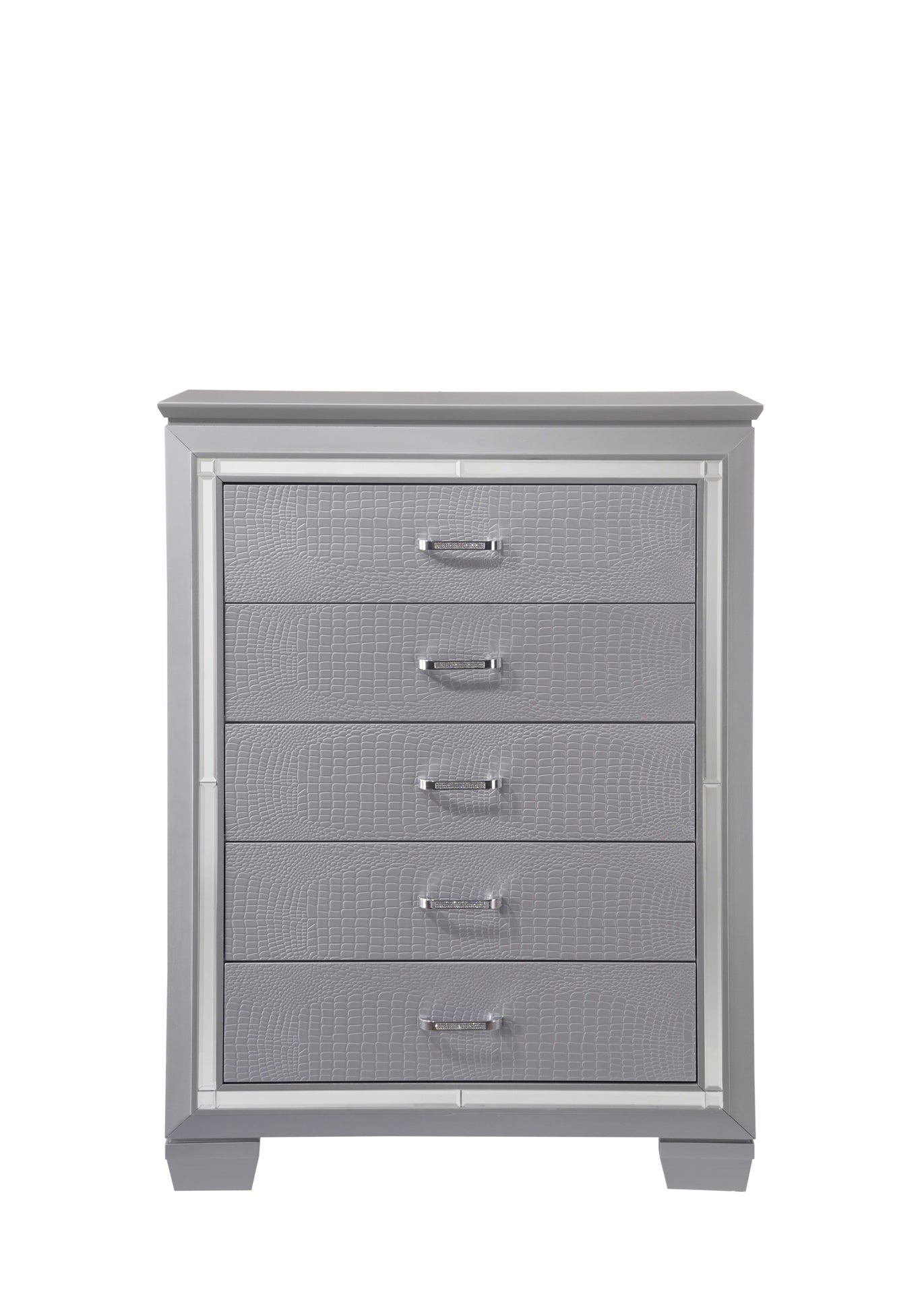 1pc Modern Five Drawer Tall Chest Mirror Accents Chrome Finish Hardware Faux Crystal Accent Silver Finish