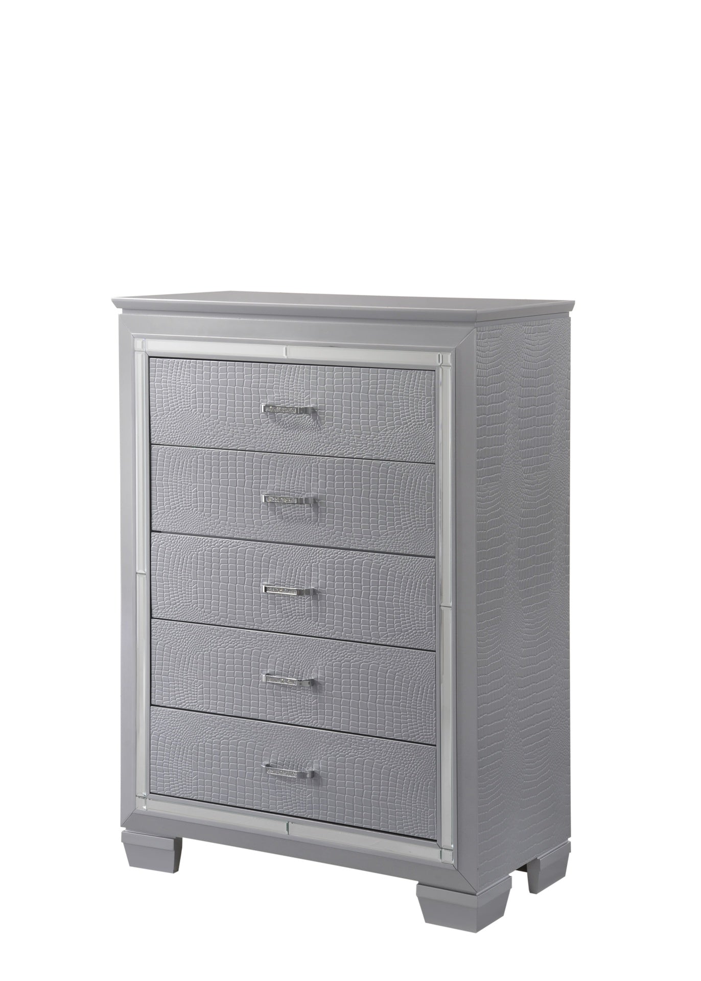 1pc Modern Five Drawer Tall Chest Mirror Accents Chrome Finish Hardware Faux Crystal Accent Silver Finish